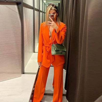 Elegant Shawl Lapel Women Suits Two Piece Summer Long Sleeves No Buttons Tuxedo Slim Casual Daily Pants Sets (Blazer+Pants)