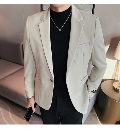 High-Quality Fashionable Men's Slim Fit Business Suit Jacket Autumn Wear Korean Style Pure Color Tweed High-End Feel