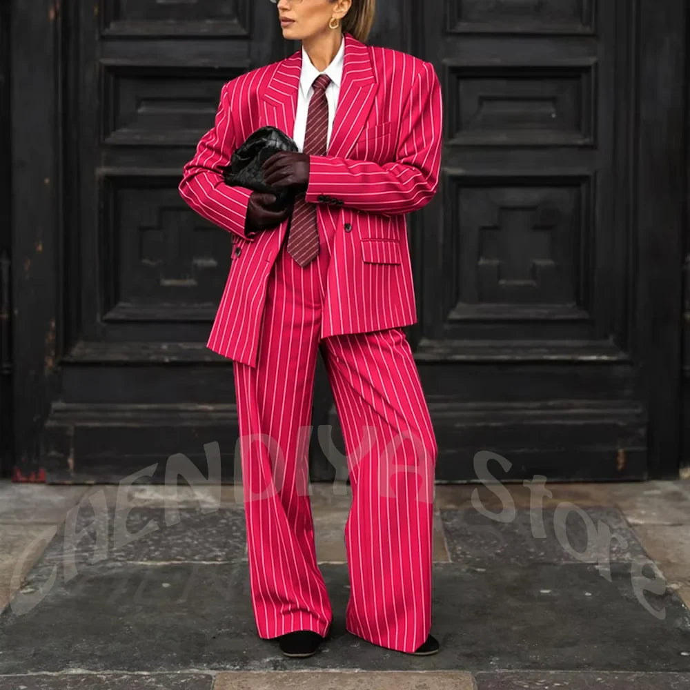 Burgundy Striped Casual Women Suit Two Pieces Jacket Pants Loose Fit Peak Lapel Blazer Set Evening Party Prom Lady Outfit