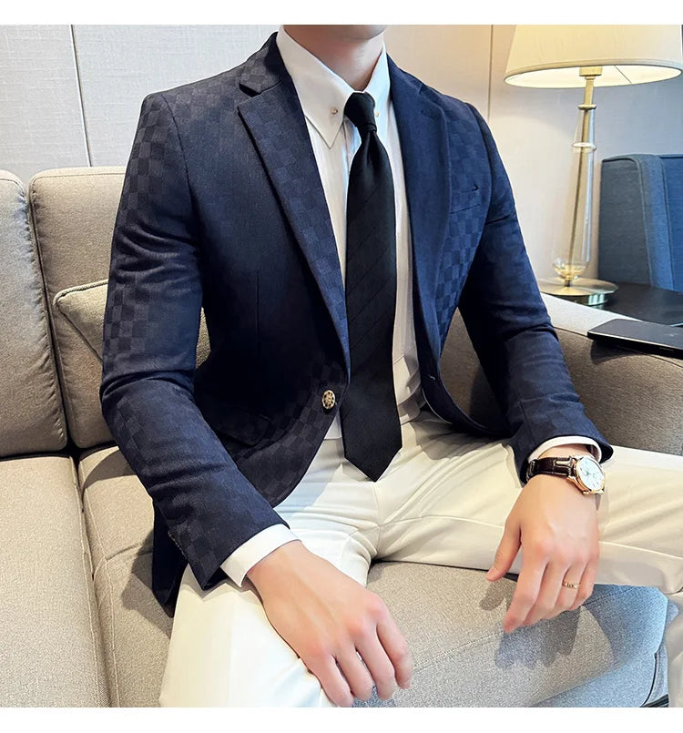 2024 Spring Plaid Blazers Men Single Breasted Casual Business Suit Jacket Fashion Slim Social Banquet Wedding Groom Dress Coats