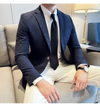 2024 Spring Plaid Blazers Men Single Breasted Casual Business Suit Jacket Fashion Slim Social Banquet Wedding Groom Dress Coats