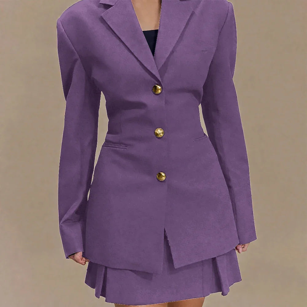 Women's Pleated Skirt Suit Set 2025 2Pieces(Tailored Blazer&High Waist Skirt) Office Chic Single-breasted Notch Lapel Outfit