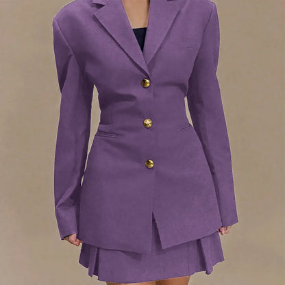 Women's Pleated Skirt Suit Set 2025 2Pieces(Tailored Blazer&High Waist Skirt) Office Chic Single-breasted Notch Lapel Outfit