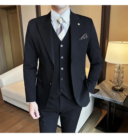(Blazer + Vest + Trousers) 2024 New Men Formal Business Solid Suit 3 Pieces Set Italian Style Luxury Wedding Social Party Tuxedo
