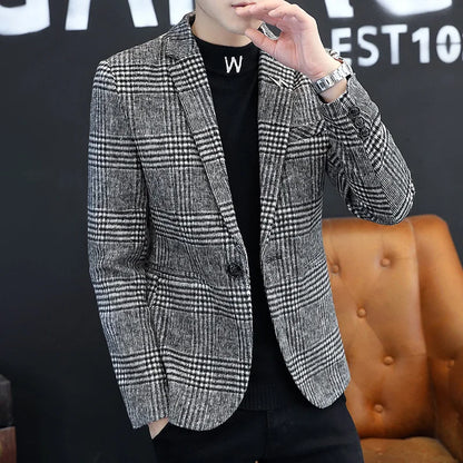 Men's Plaid Blazer Smart Casual Single Breasted Khaki Gray Autumn Office Jacket