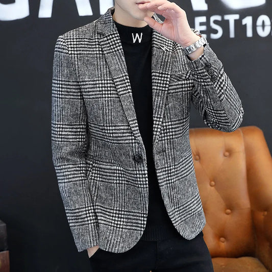 Men's Plaid Blazer Smart Casual Single Breasted Khaki Gray Autumn Office Jacket