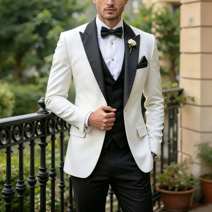 Men Suit Cream 3 Pieces Single Button With Lapel For Wedding Birthday Banquet Party Business Work Office Jacket Vest Pants