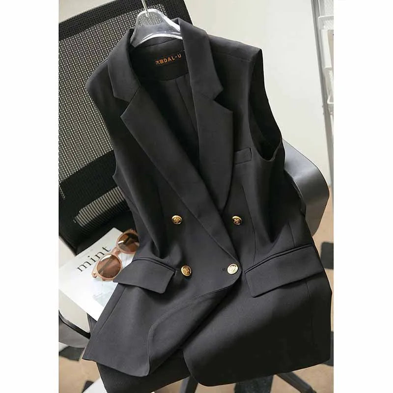 Women Spring Suit Jacket With Lined Waistcoat Female Korean Solid Color Loose Double Breasted Casual Blazers Vest Tops Jacket