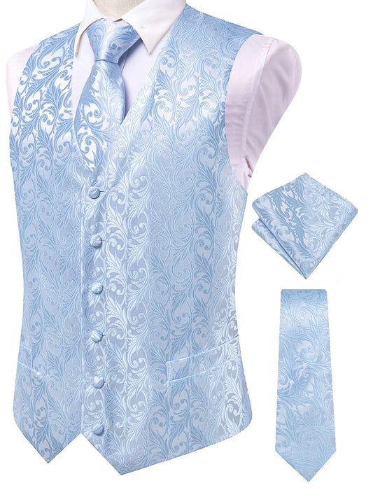 Men's Vest Set with Necktie and Pocket Square – Light Blue Double Breasted Waistcoat for Banquets and Formal Occasions