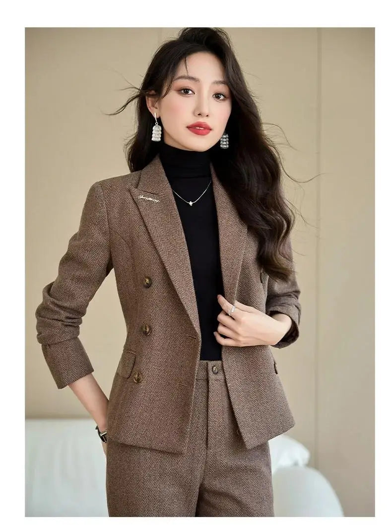 Elegant Lady Wide Leg Pant Sets for Women 2 Pieces Blazer Suit Double Breasted Jacket Trousers Outfit Female Autumn Winter