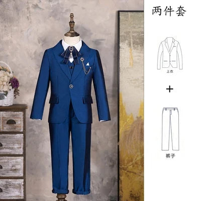 Children Shiny Blue Suit For Wedding Boys Formal Ceremony Tuxedo Dress Teenager Kids Photograph Blazer Party Performance Costume
