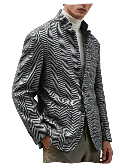 Men's Herringbone Tweed Stand Collar Blazer  Notch Lapel Slim Fit Wool Blend Sport Coat Business Casual Wedding Prom Man Jackets