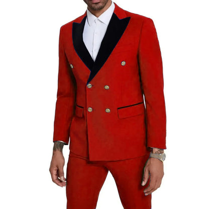 Men Suit 2 Pieces Royal Blue With Black Lapel Double Button For Wedding Business Banquet Party Office Daily Work Jacket And Pant