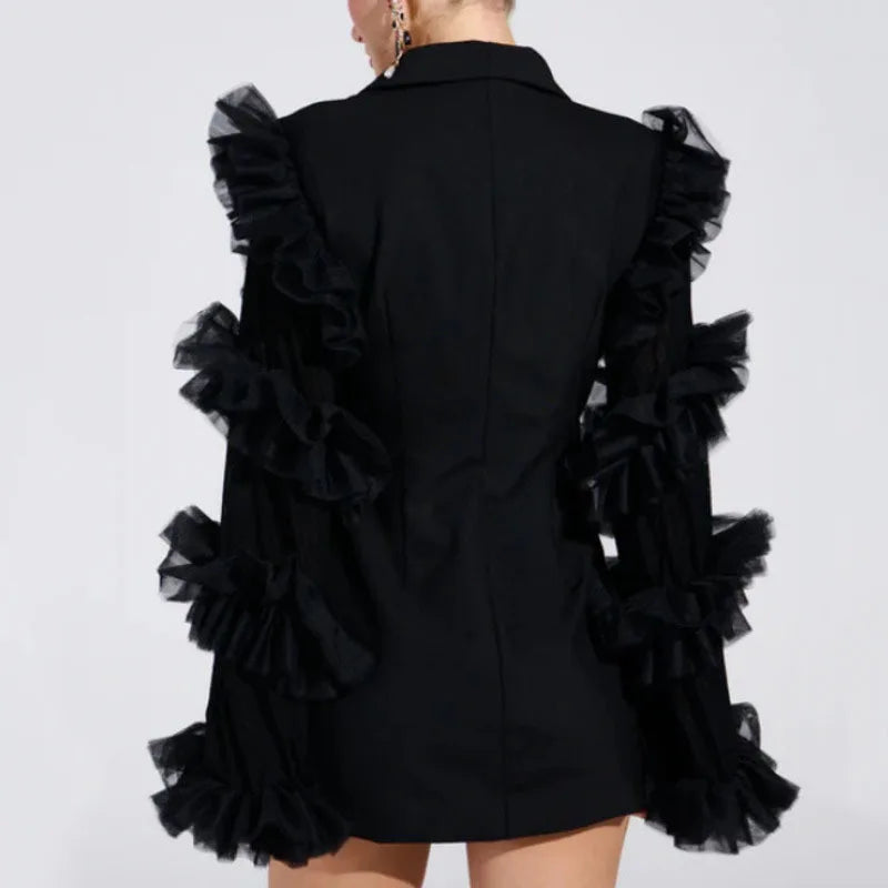 Spring Autumn New Women Blazer Double Breasted Ruffled Long Sleeve Patchwork Slim Fit Elegant Fashion Trendy Jacket HK13405