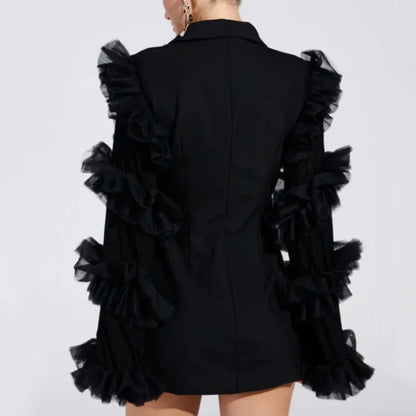 Spring Autumn New Women Blazer Double Breasted Ruffled Long Sleeve Patchwork Slim Fit Elegant Fashion Trendy Jacket HK13405