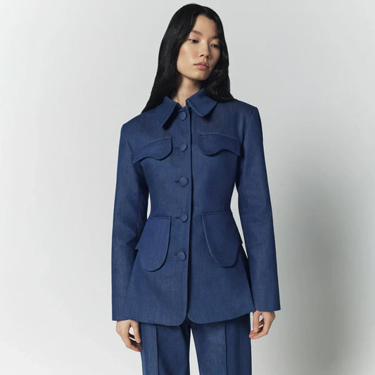 Casual Women's Blue Denim Suit Modern Single Breasted 2 Piece Set Jacket+Pants Formal Tailored Party Outfit Daily Workwear