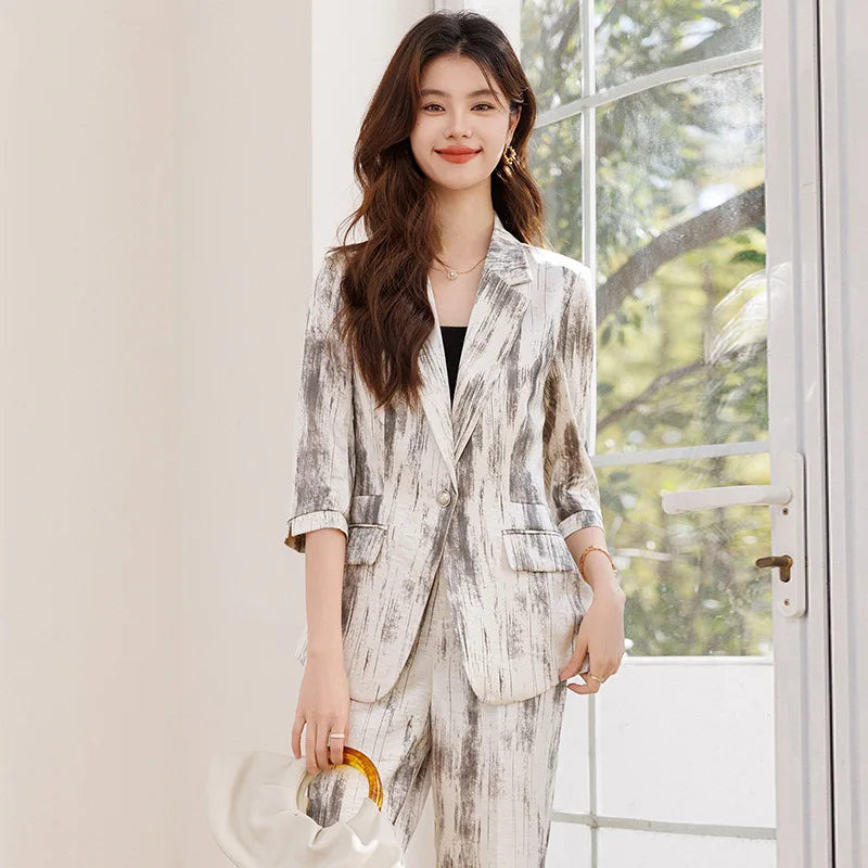 Women's Two Piece Set Blazer Pants Suit Elegant Office Formal Business Outfit Plus Size Three-Quarter Sleeve Jacket Trousers