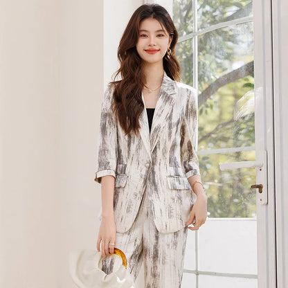 Women's Two Piece Set Blazer Pants Suit Elegant Office Formal Business Outfit Plus Size Three-Quarter Sleeve Jacket Trousers