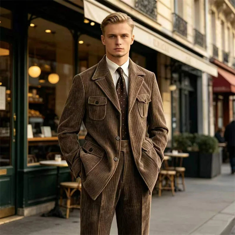 Men's Retro Corduroy 2 Pieces Suit Multi Flap Pockets Safari Blazer Matching Trousers For Formal Daily Party Wedding Business