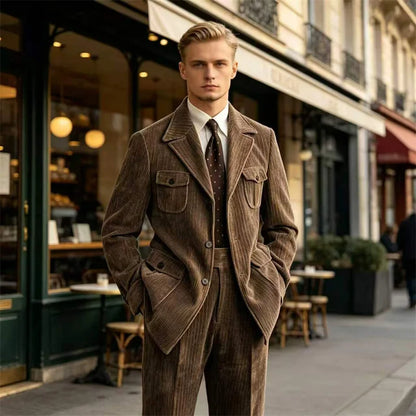 Men's Retro Corduroy 2 Pieces Suit Multi Flap Pockets Safari Blazer Matching Trousers For Formal Daily Party Wedding Business