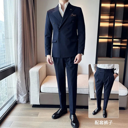 (Jacket+Pant) Fashion Double Breasted Design Men's Slim Fit Suits High Quality Italian Style Wedding Social Tuxedo Men Clothing