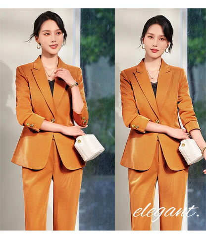 Office Ladies Formal Pant Suit 2 Piece Set Women Green Khaki Red Female Long Sleeve Business Work Wear Blazer Jacket And Trouser