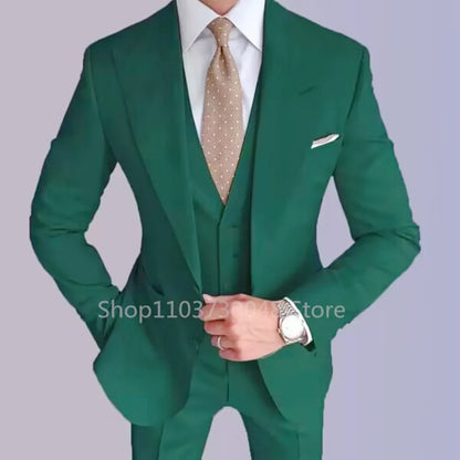 Formal Men's Groom Tuxedos Three-Piece Peak Lapel Suit Solid Jacket Vest Pants Party Prom Daily Casual Tuxedo Business Men Suits