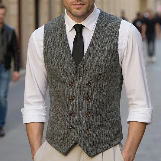 Men's Herringbone Vest Double Breasted Slim Fit Waistcoat for Wedding and Business