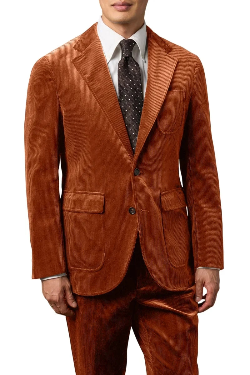 Men's Corduroy 2-Piece Suit – Classic Single Breasted Blazer & Pleated Pants for Wedding & Formal Occasions