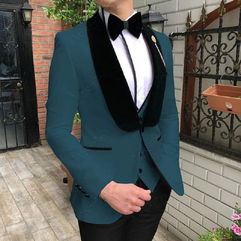 Fashion Men's Suit 3 Pieces Slim Fit Prom Tuxedos Tweed Shawl Lapel Wedding Grooms Blazer Vest Pants Wholesale
