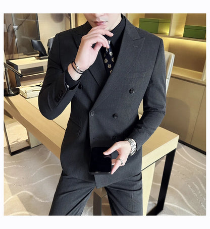 Men's Double Breasted Suit Set – Slim Fit Blazer, Vest & Pants for Wedding & Business