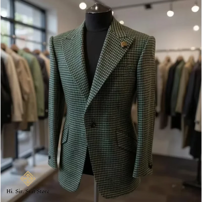 Houndstooth Blazer Men Slim Fit Plaid Suit Jacket Tuxedo One Button Peak Lapel Business Casual Wedding Prom Sport Coats Hot Sale