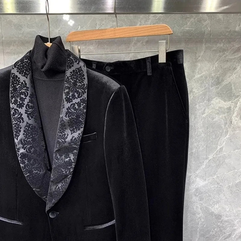Banquet Elegant Gentlemen Business Fashion Slim Fit New Design Velvet Blazers Pants Mens Two Piece Set Groom Formal Suits Sets