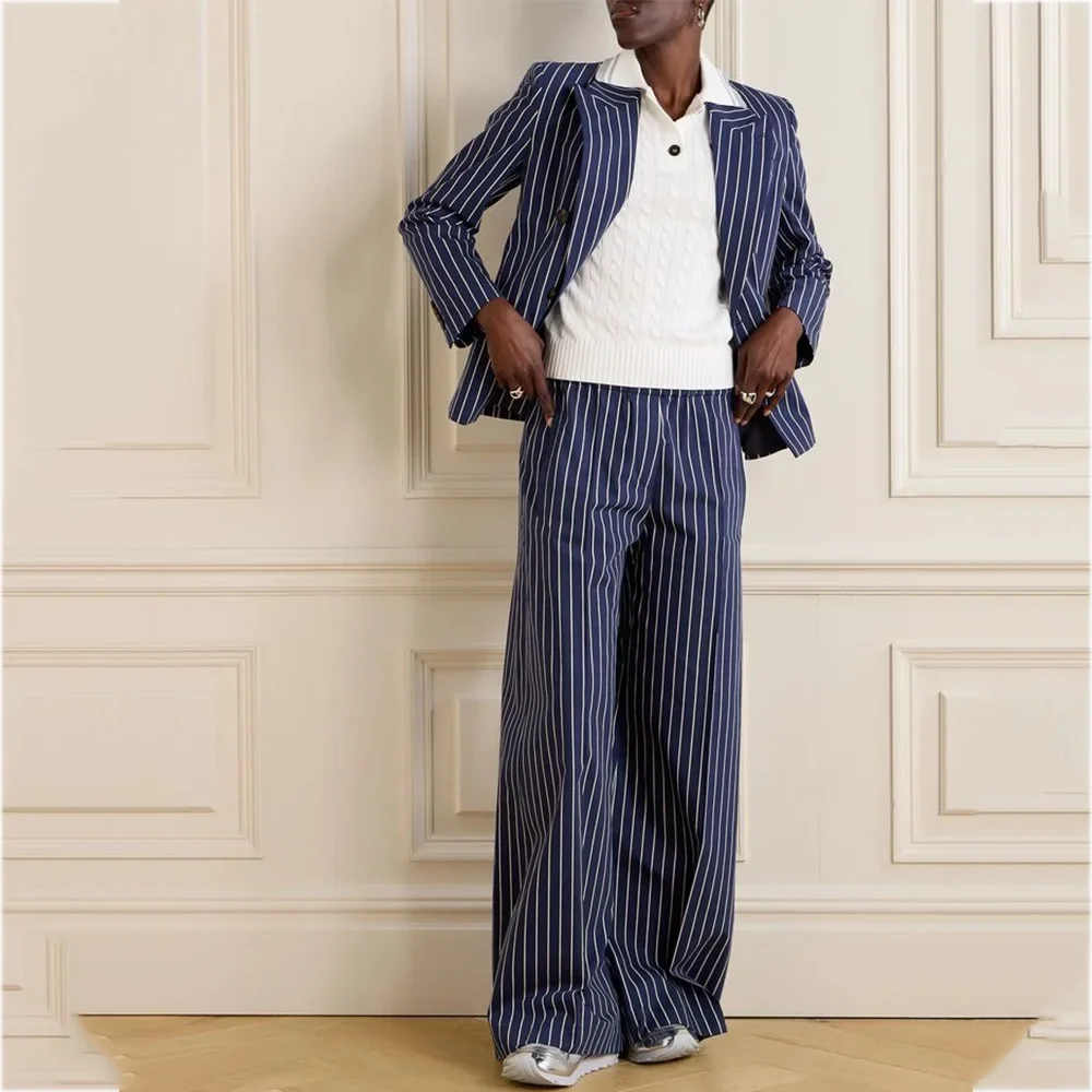 Fashion Striped Women's Suit Set 2 Piece Peak Lapel Casual Outfit Loose Fit Daily Office Business Suit Jacket Pants Customized
