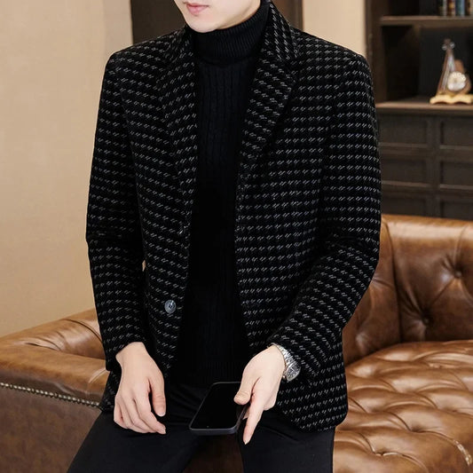 Men's Blazer Wool Blend Checkered Smart Casual Winter Jacket