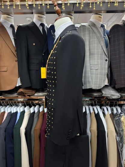 Golden Beaded Men's Suits 2 Pieces For Party Double Breasted Handsome Suit Set For Men Dancing Wear Long Sleeve Tuxedo S-3XL