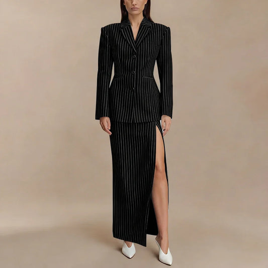 Professional Woman Clothes Navy Pinstripe Blazer with High-Slit Maxi Skirt Sophisticated Evening or Formal Event Suit Set