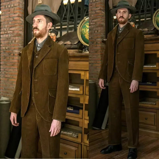 Men's 3 Piece Corduroy Suit – Vintage Notch Lapel Blazer Vest Pants Set for Wedding, Business & Formal Occasions