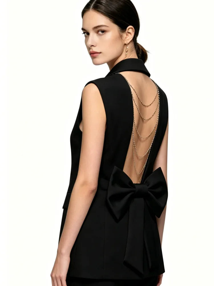 Elegant Slim-Fit Black Sleeveless Blazer Vest Women Backless Bow Tie Chain Decor Formal Office Waistcoat 2026 New