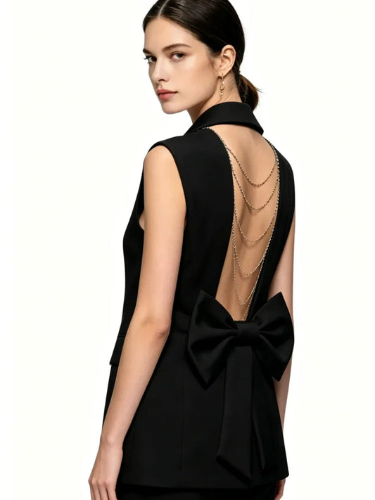 Elegant Slim-Fit Black Sleeveless Blazer Vest Women Backless Bow Tie Chain Decor Formal Office Waistcoat 2026 New