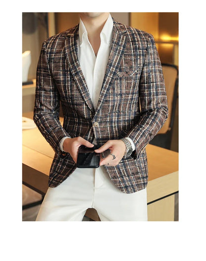 British Style Plaid Woven Casual Suit Jacket for Men Slim Fit Business Social Dress Coats Wedding Party Banquet Office Blazers