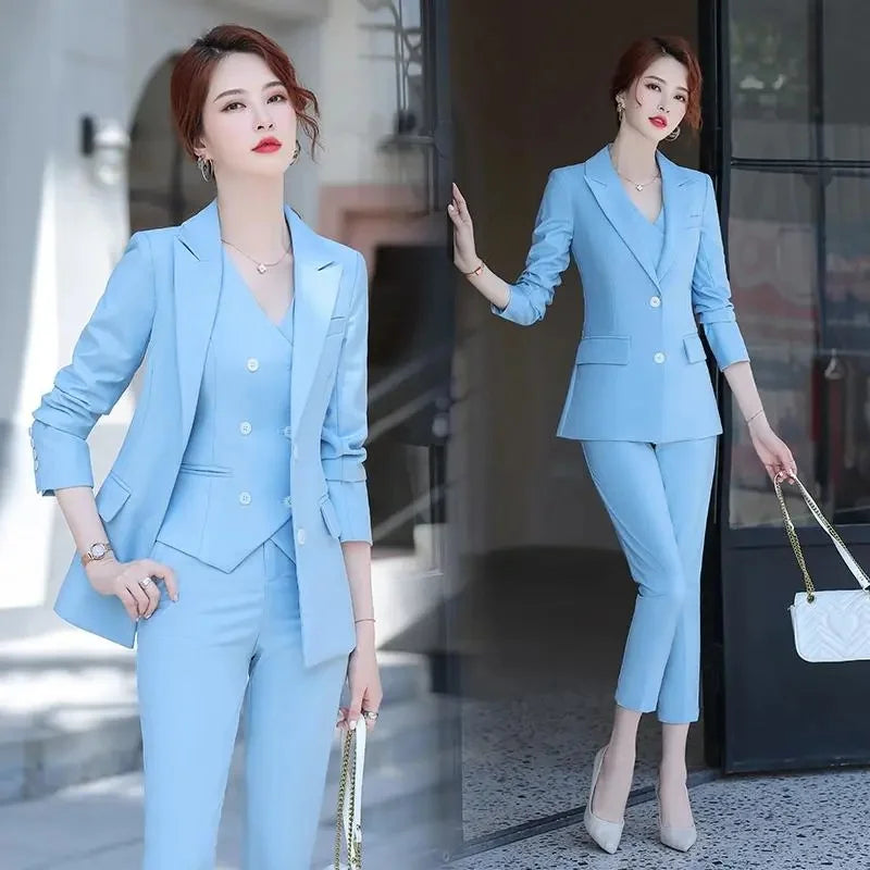 Lady Solid Lapel Blazer Suit Full Sleeve V-neck Single Breasted Straight Leg Pants Suits 2026 Fashion New Office Commute Outfit