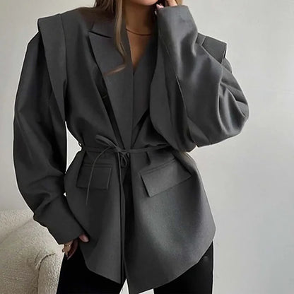 Spring Autumn Fashion Women's Pure Color Belted Shoulder Pad Suit Coat Commute Style Loose Fit Long Sleeve Regular Length