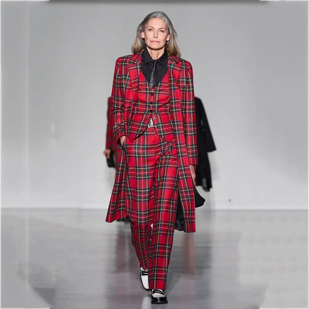 High Quality Women's Suit 3 Piece Elegant Chic Red Tartan Notch Lapel Long Blazer Vest Pants Fashion Runway Party Formal Outfit