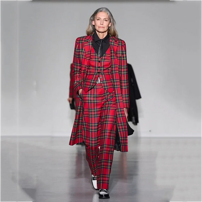 High Quality Women's Suit 3 Piece Elegant Chic Red Tartan Notch Lapel Long Blazer Vest Pants Fashion Runway Party Formal Outfit