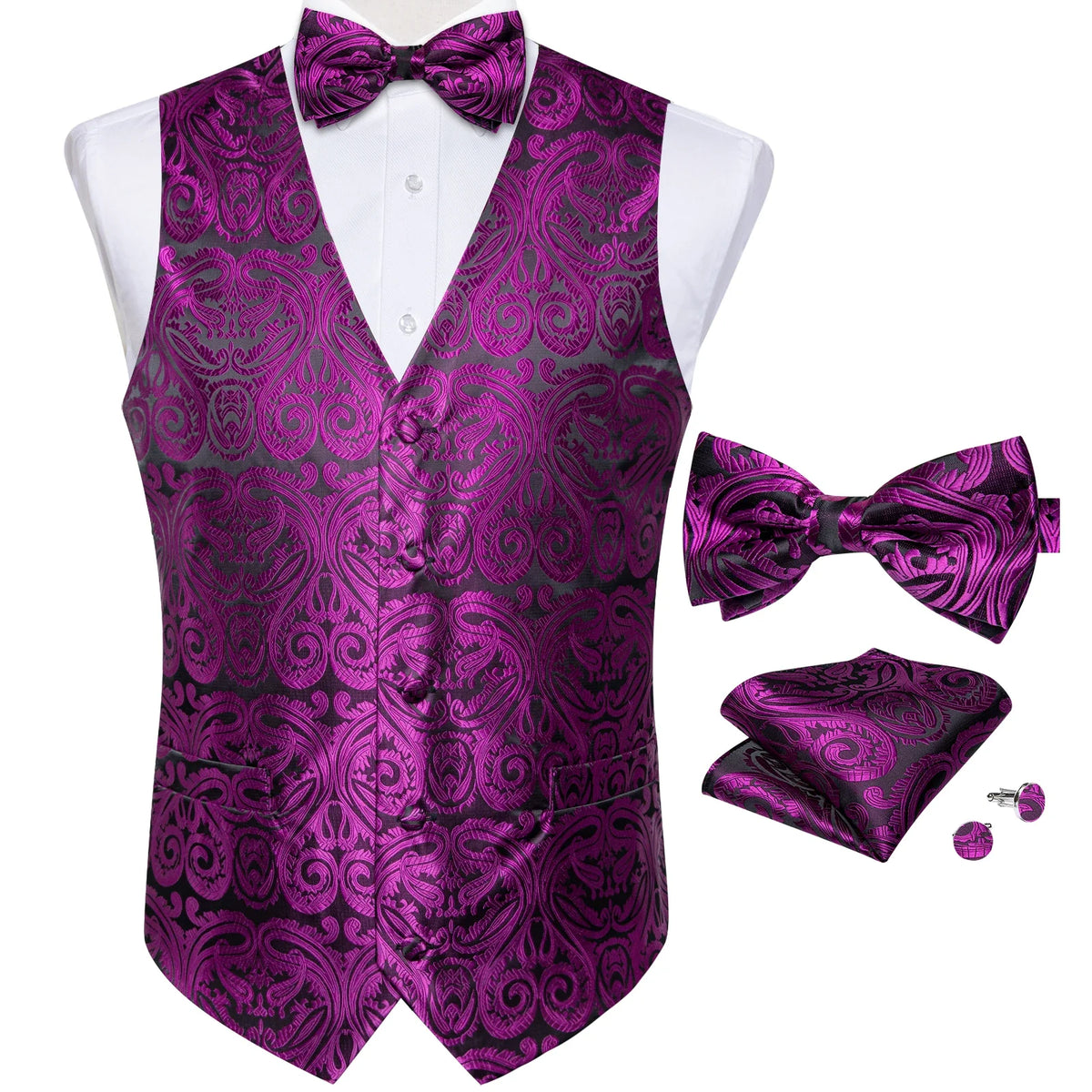 Men's Paisley Suit Vest Set with Tie, Pocket Square & Cufflinks for Wedding & Formal Events