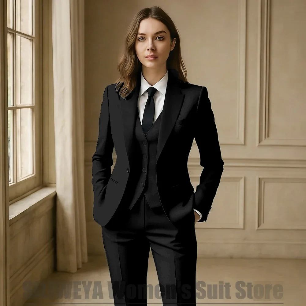 Women Royal Blue 3 Piece Tuxedo Suit Blazer Vest Pants with Black Lapel Slim Fit Formal Party Business Office Outfit