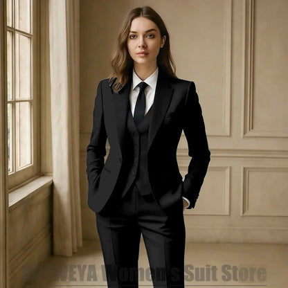 Women Royal Blue 3 Piece Tuxedo Suit Blazer Vest Pants with Black Lapel Slim Fit Formal Party Business Office Outfit