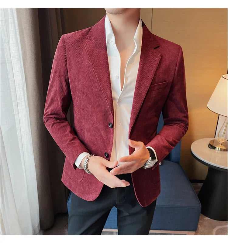 2023 Fashion Men's Corduroy Blazers Top Quality Business Casual Suit Jackets Slim Fit Wedding Groom Streetwear Social Dress Coat