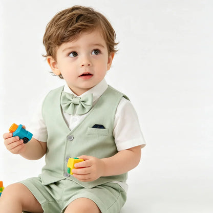 Baby Boys Sage Green Vest Short Sleeve Shirt Bow Tie Shorts 4pcs Clothes Set Kids Wedding Birthday Gentleman Formal Suit Set